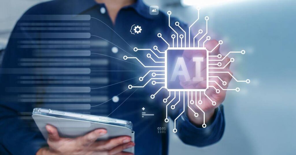 HR professional holding a tablet while pointing to an AI chip graphic, representing California employer obligations when using artificial intelligence in hiring