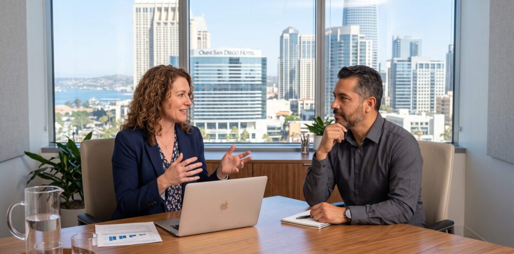 california staffing manager discussing flexible staffing with call center manager